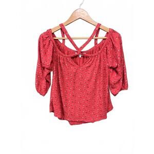 Lucky Brand Boho Red Ditsy Floral Peasant Blouse Off-Shoulder Festival, Size XS